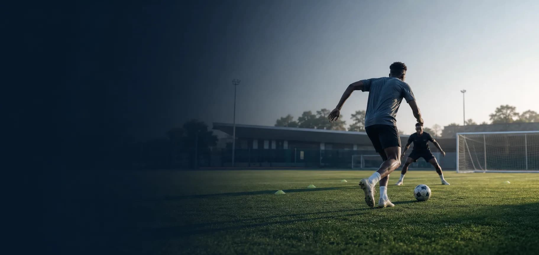 Two fictional footballers training on a football pitch
